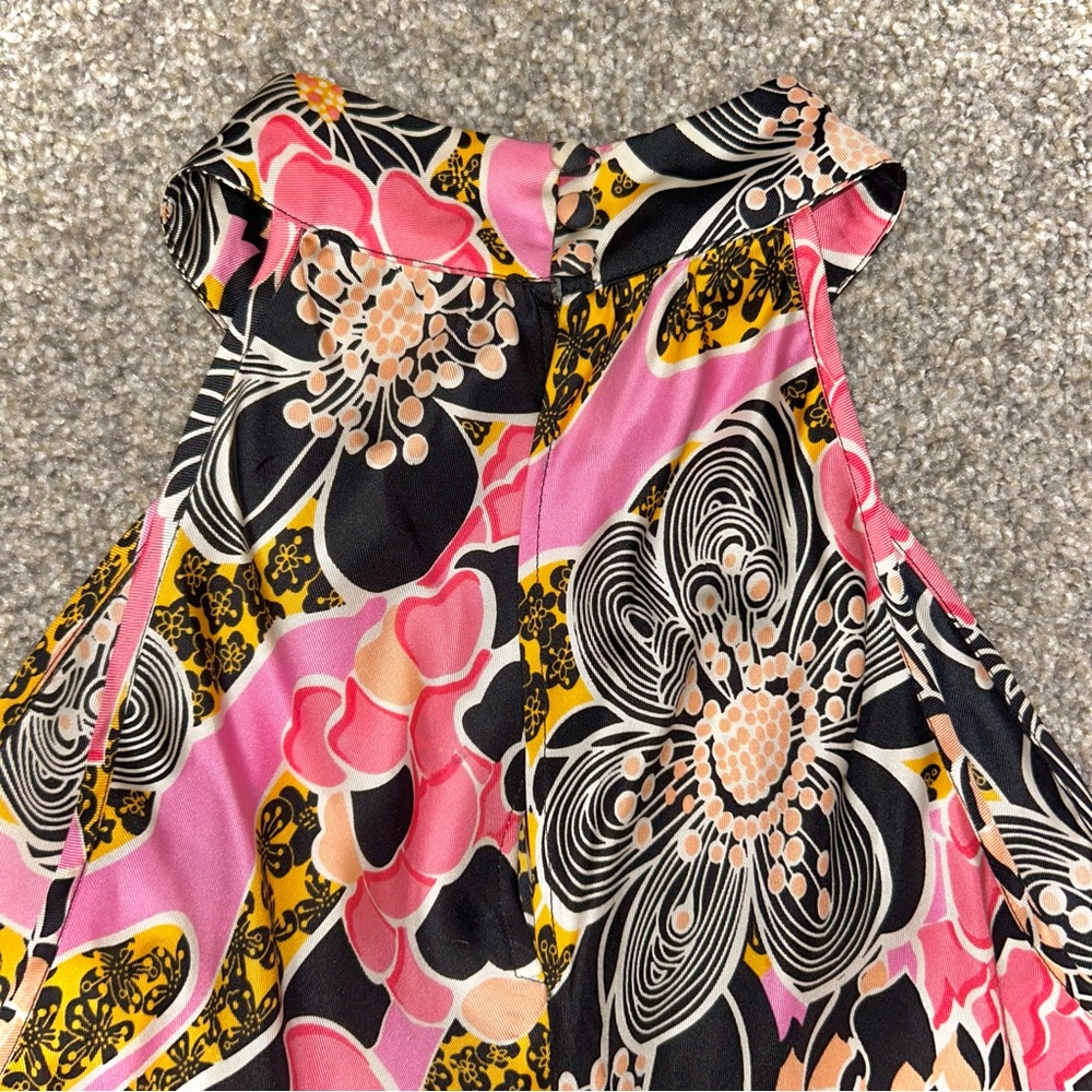 100% Silk Floral Halter High Neck Top Pink Black Gold 1960s Inspired Retro Print - Picture 5 of 6